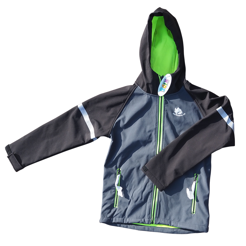 Softshelljacke Kids wattiert -SCHWARZ/GRAU MIT NEONGRÜN UND FISCHMOTIV