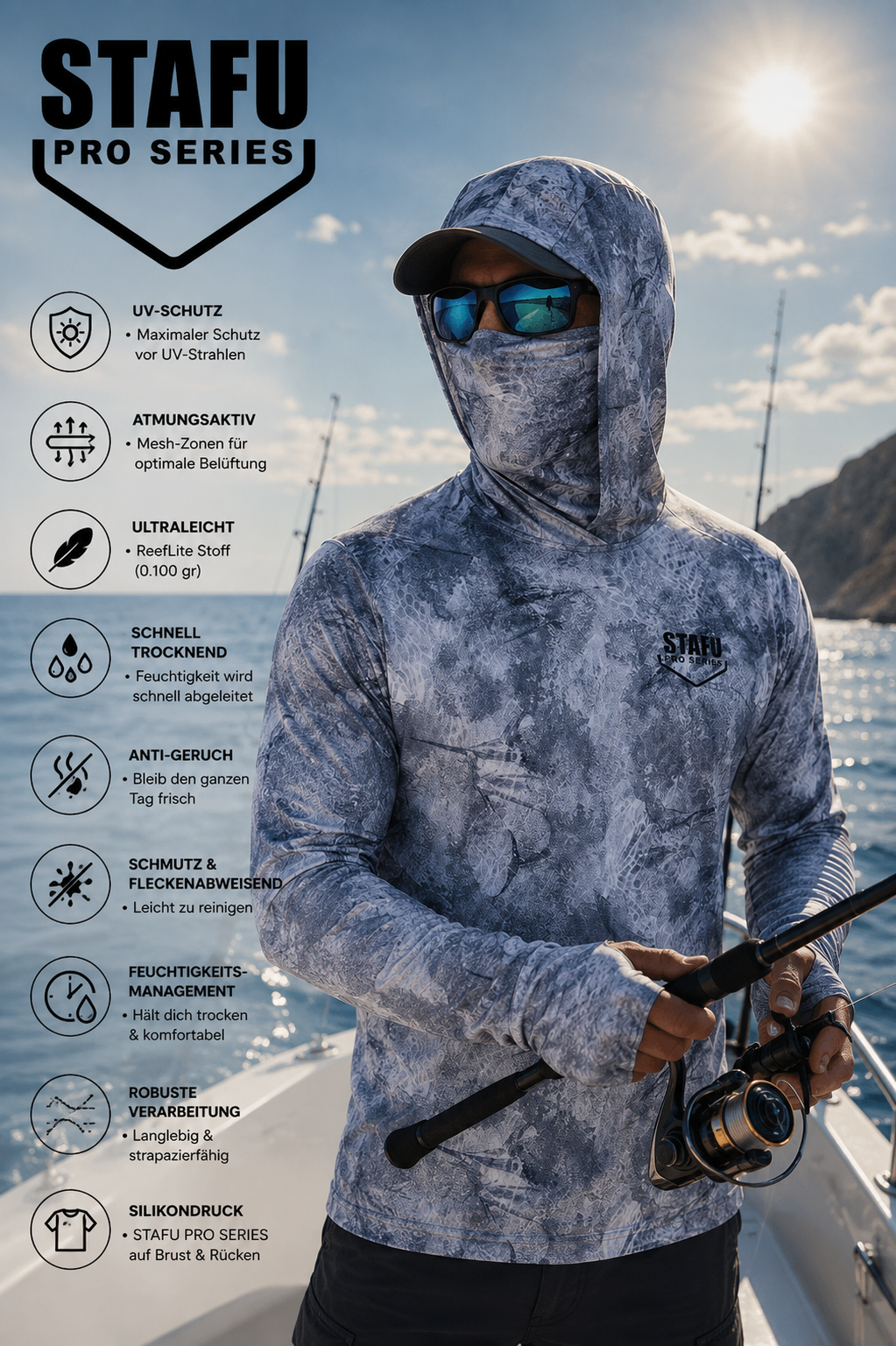 Stratos Hooded and Masked UPF 40x Performance T-Shirt - Marlin Mania Grey – Bild 4