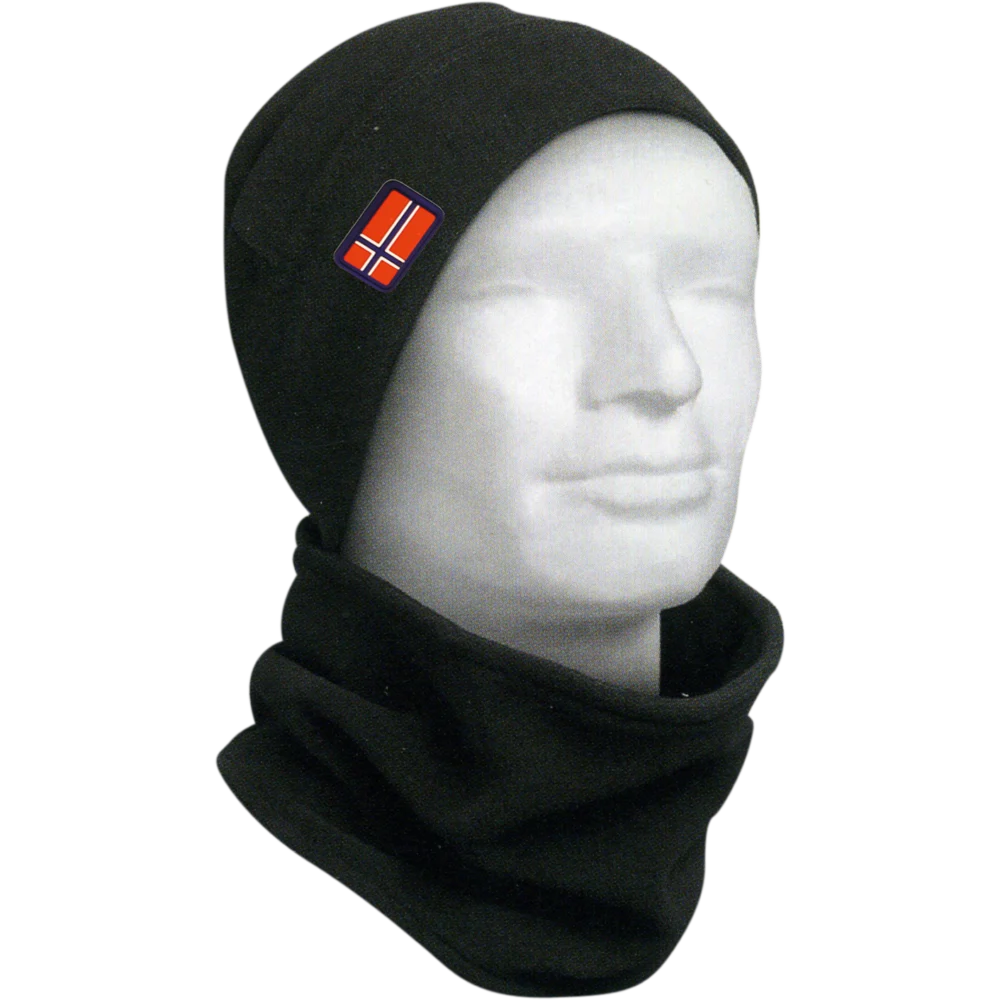 Fleece Mütze + Schal-Set mit Norwegen-Patch - Schwarz